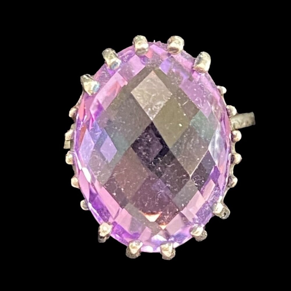 Ring Size 6 Amethyst Faceted 15 mm x 15 mm 5.018 Carats Sterling Silver 925 Vint